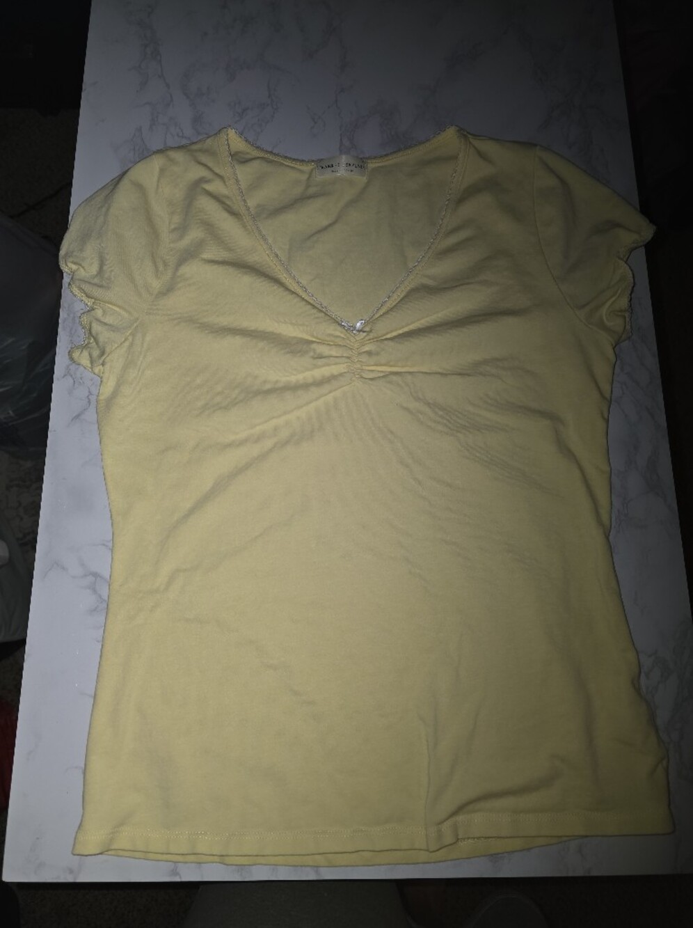 Women’s Light Yellow V-Neck Short Sleeve Tee with Gathered Front